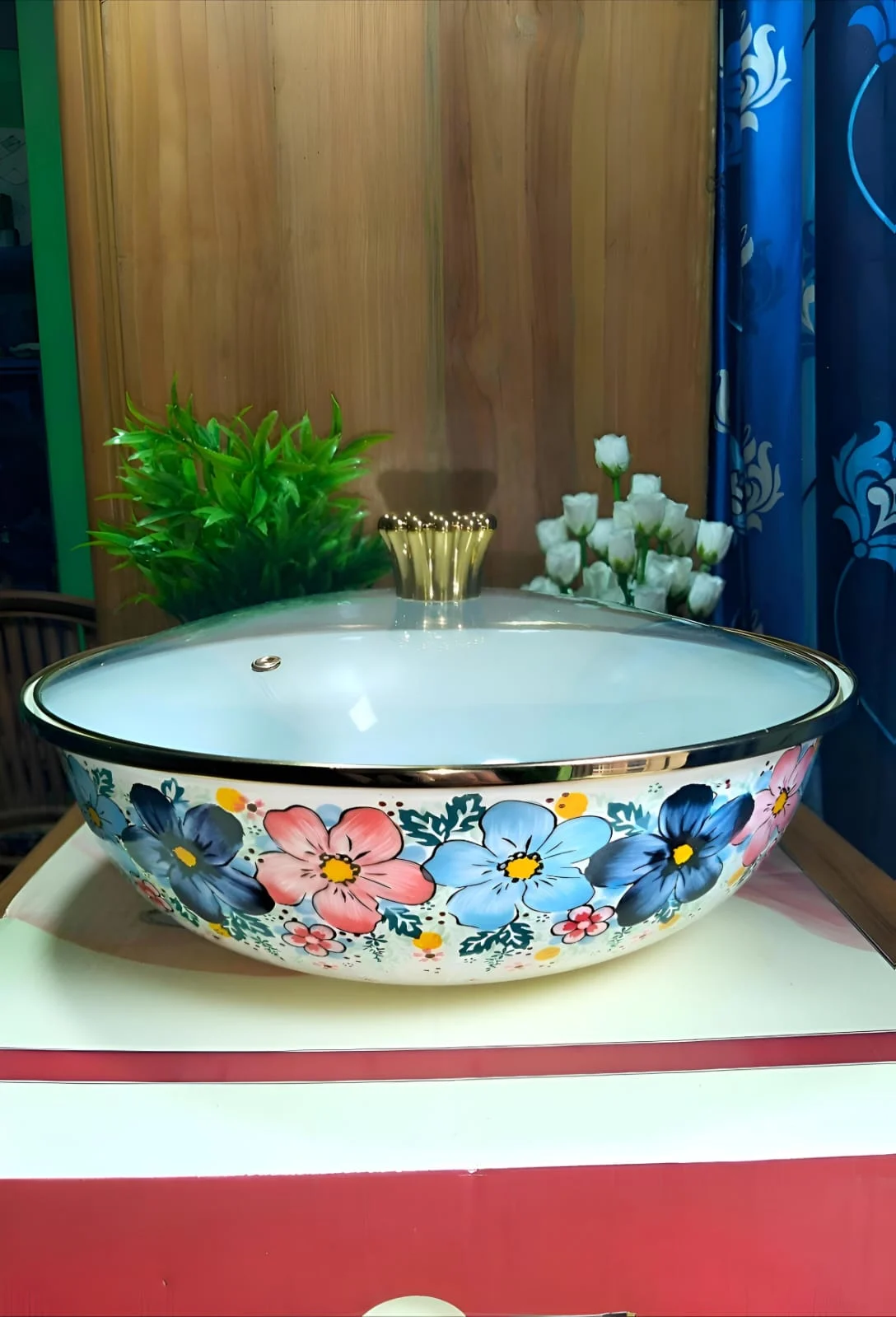 Enamal bowl with glass lid-3 - Image 2