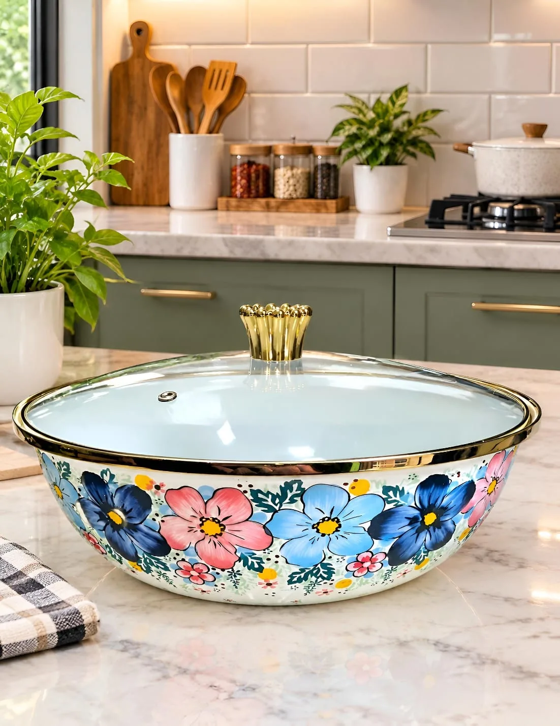 Enamal bowl with glass lid-3