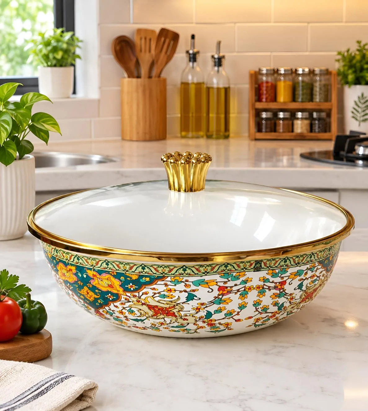 Enamal bowl with glass lid-1