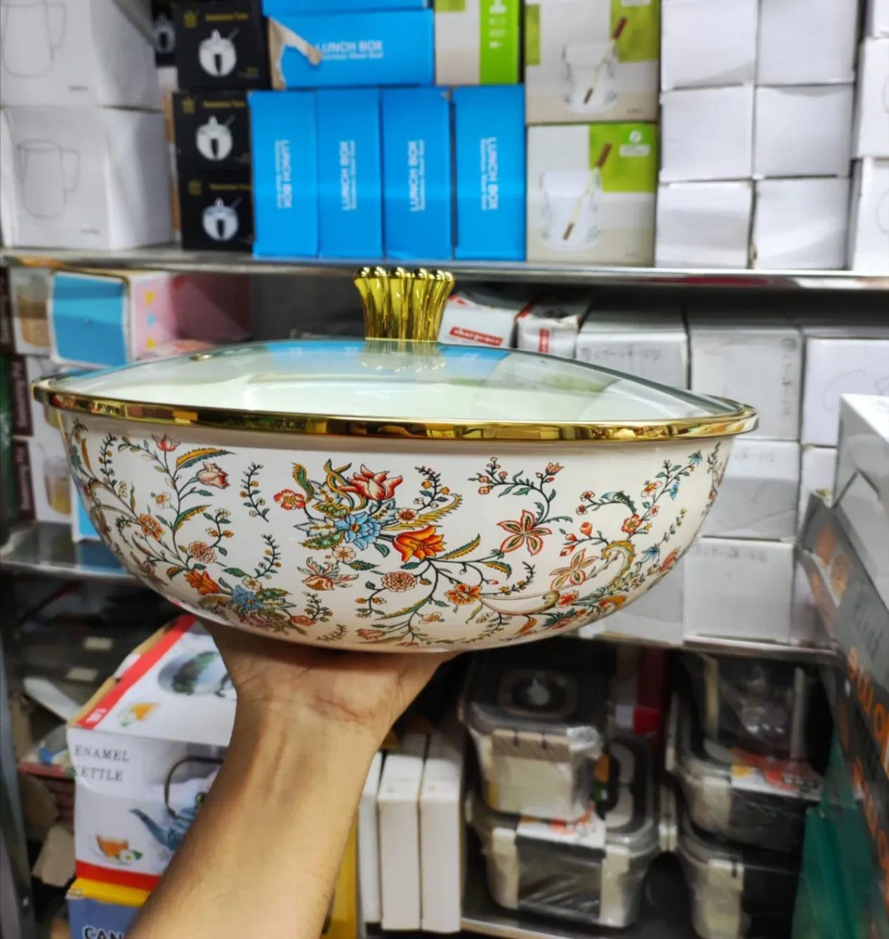 Enamal bowl with glass lid-4 - Image 3