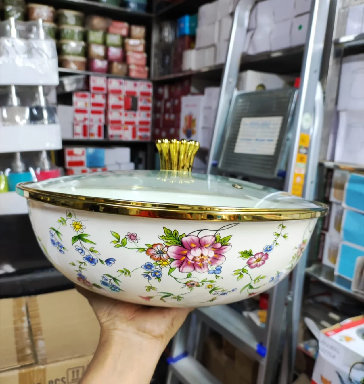 Enamal bowl with glass lid-5 - Image 3