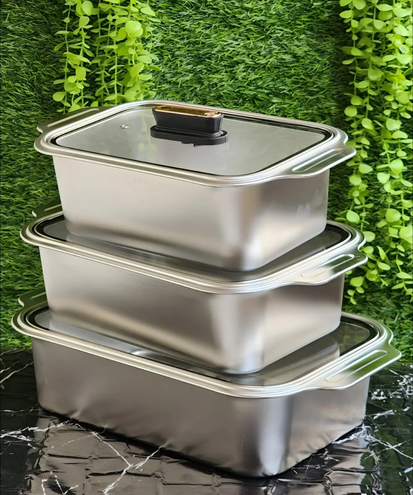 3pc ss servingdish with glass lid - Image 2