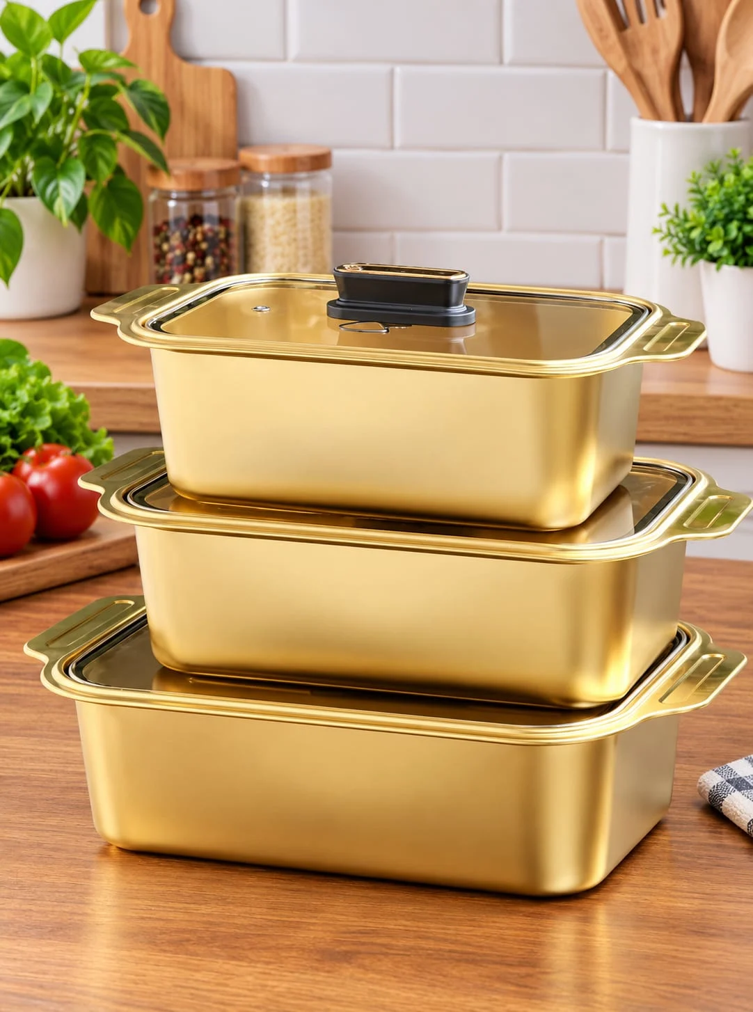 3pc ss Golden servingdish with glass lid